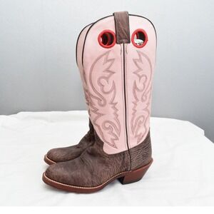 Double H Western Boots 8M Brown Pink Leather Cowboy Women Buckaroo Pull On